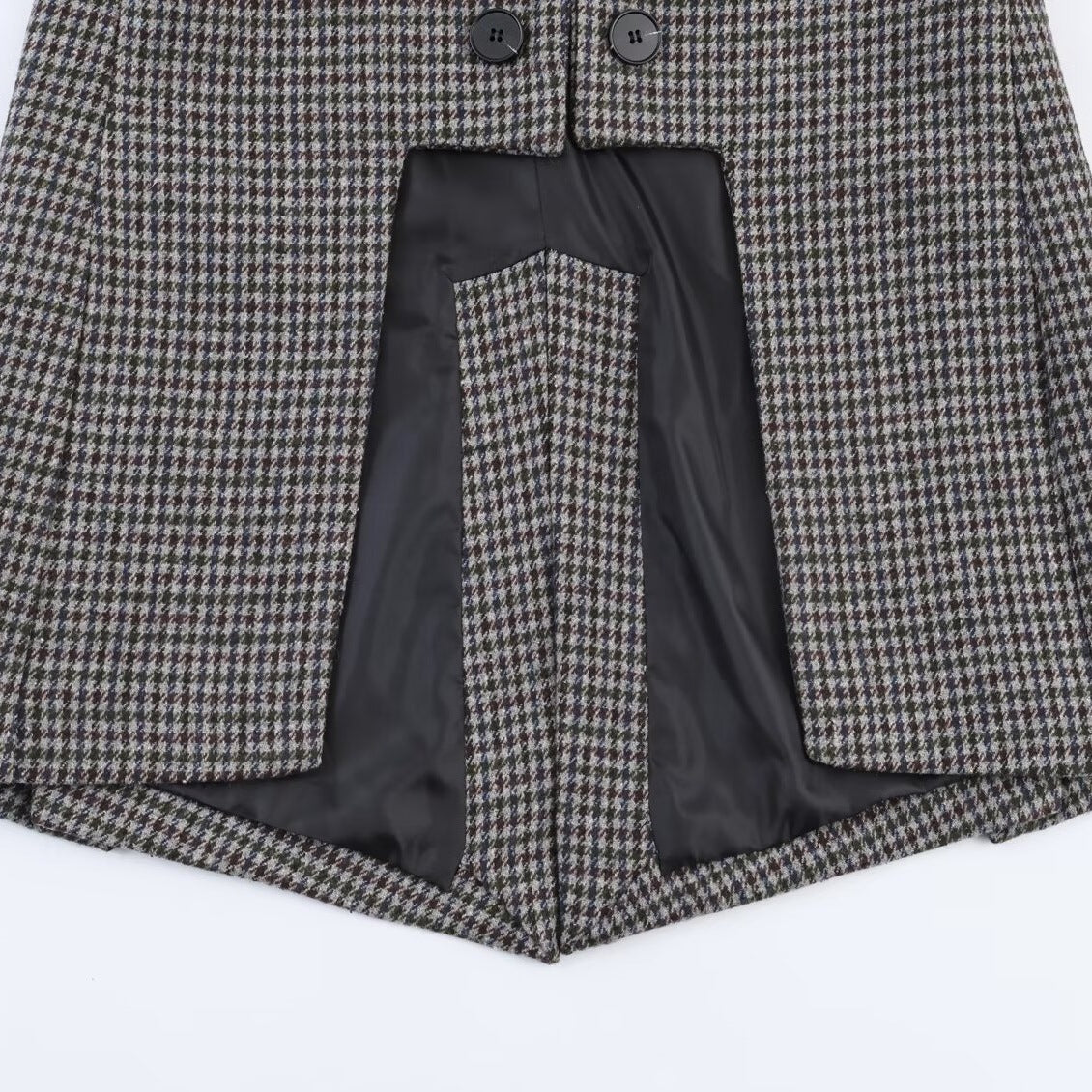 Women Double-breasted Houndstooth Blazer with Cutaway Hem and Vent Chichicherry