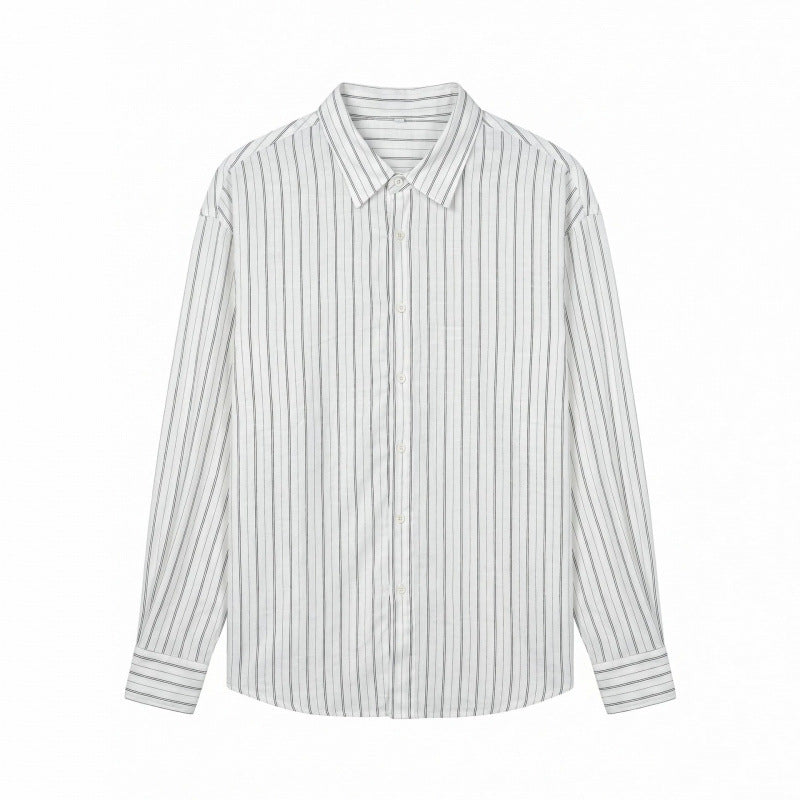 Men's Long-Sleeved Relaxed-Fit Pinstripe Shirt made of Linen-Cotton Blend with Kent Collar Chichicherry