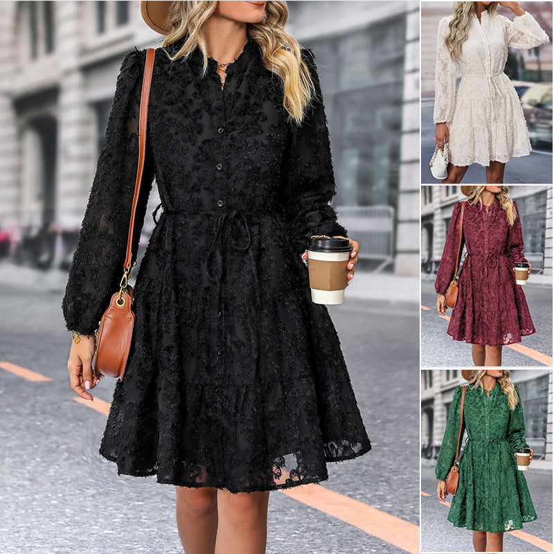 Women's Textured Blouse Skater Dress with Ruffle Layers, Full Button Placket and Waist Tie