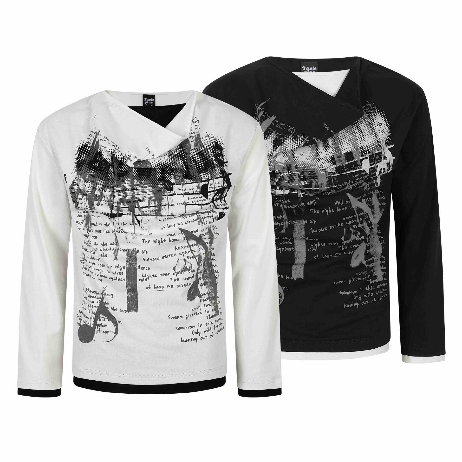 Women's long sleeve shirt with asymmetric tube collar and graphic music print Chichicherry