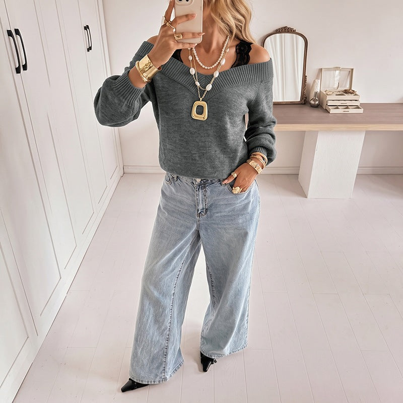 Women's Off-Shoulder V-Neck Fine Knit Sweater with Lace Strap Look and Balloon Sleeves Chichicherry