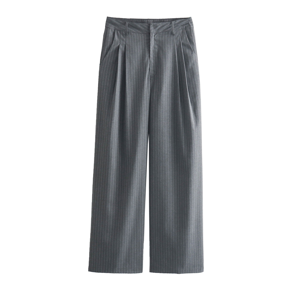 Women Two-Piece Pinstripe Suit Set with Short Stand Collar Blazer and Wide Pleat Pants Chichicherry