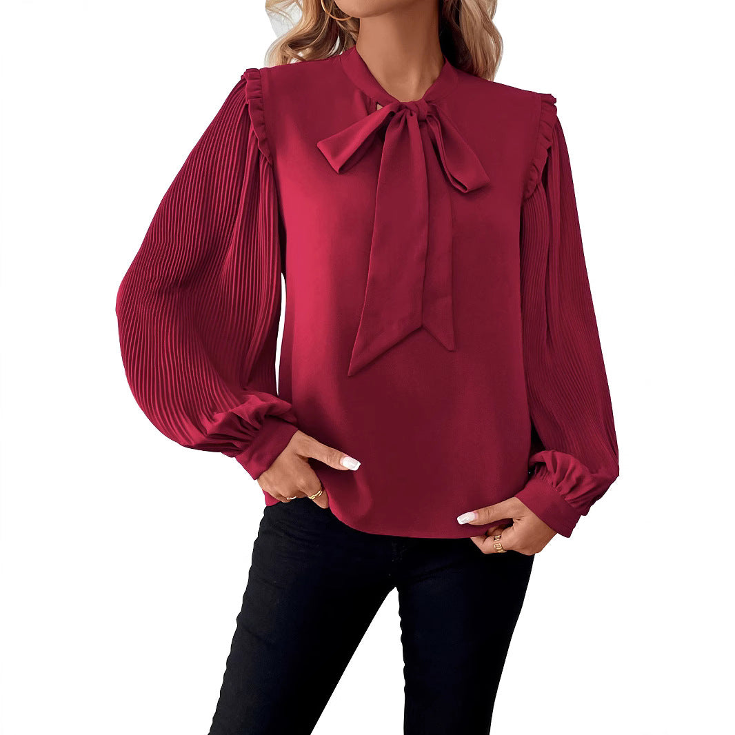 Ladies Elegant Chiffon Blouse with Bow Collar and Pleated Sleeves Chichicherry