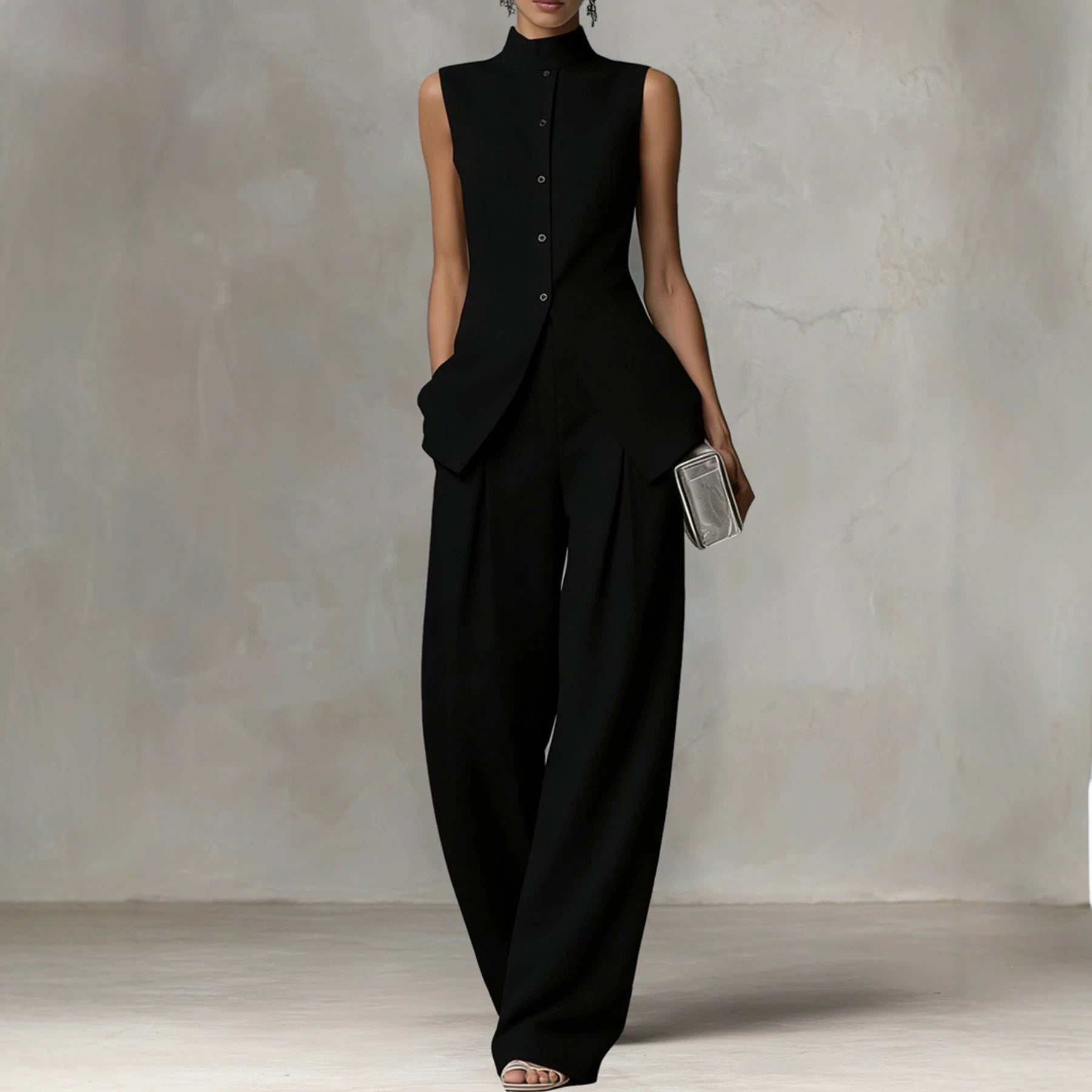 Women's Sleeveless Linen Jumpsuit with Stand Collar and Wide Leg Chichicherry