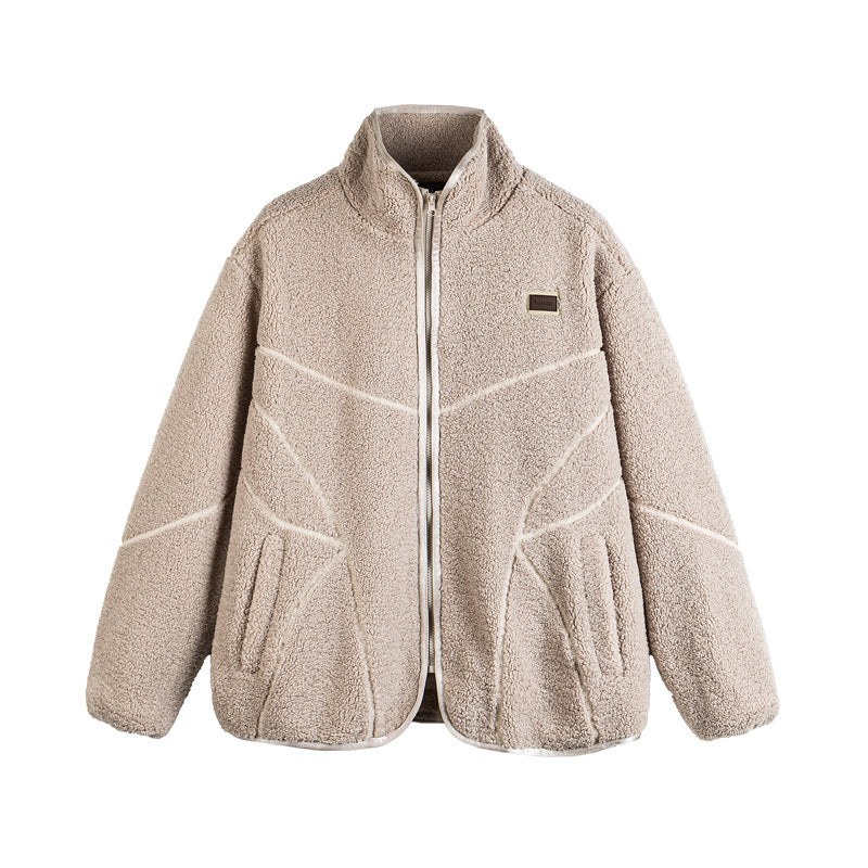 Unisex Teddy-Fleece-Bomber Jacket with Stand Collar and Geometric Seam Design Chichicherry