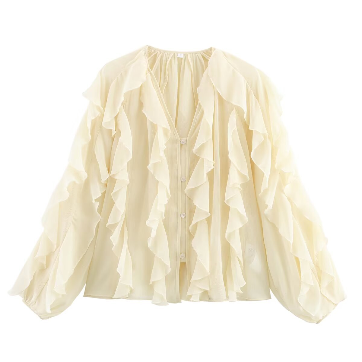 Women's Ruffle Chiffon Blouse with Layered Ruffles and Wide Balloon Sleeves Chichicherry