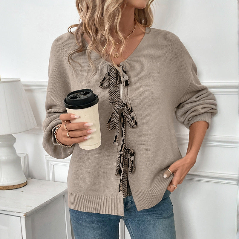 Women's Loose V-Neck Knit Sweater with Decorative Ties Chichicherry