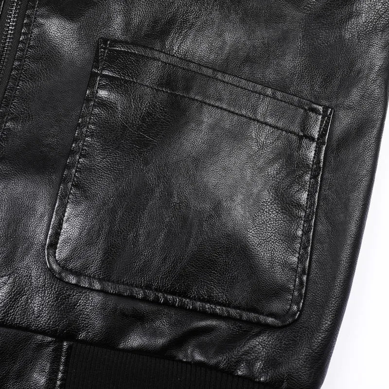 Men's Faux Leather Bomber Jacket in Vintage Utility Style with Patches and Ribbed Cuffs Chichicherry