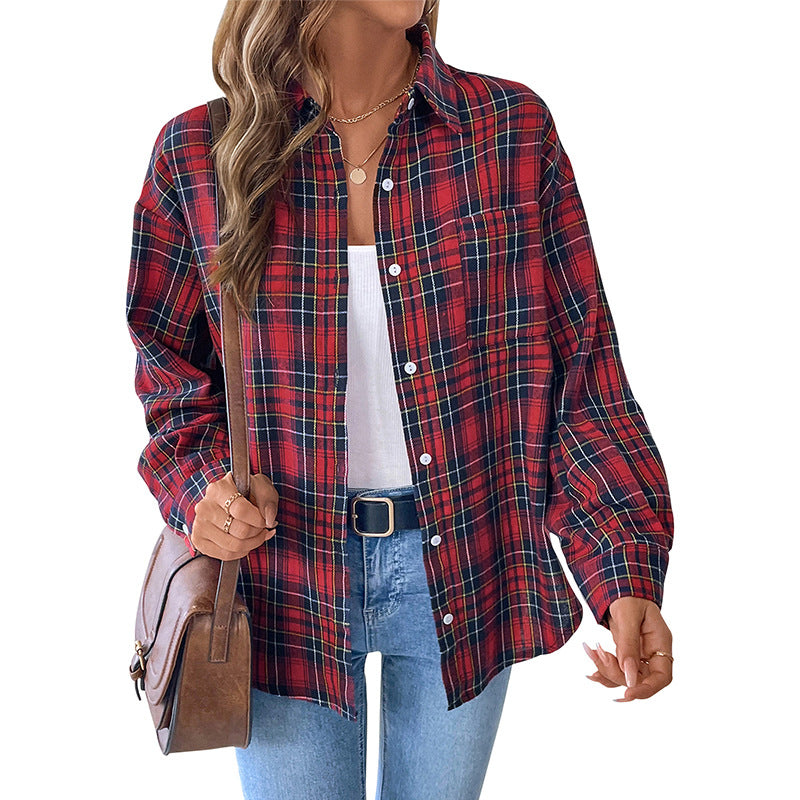 Women's Oversized Check Shirt Blouse made of soft flannel with chest pocket and extended back part Chichicherry