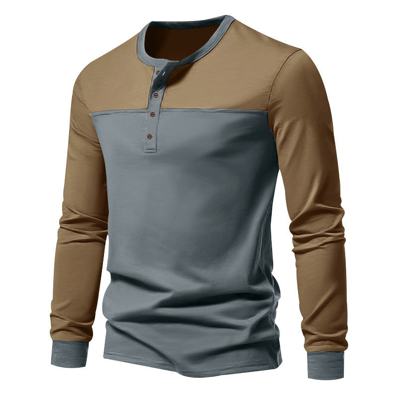 Men's Modern Henley Shirt with Color Block Shoulder and Half Button Placket Chichicherry