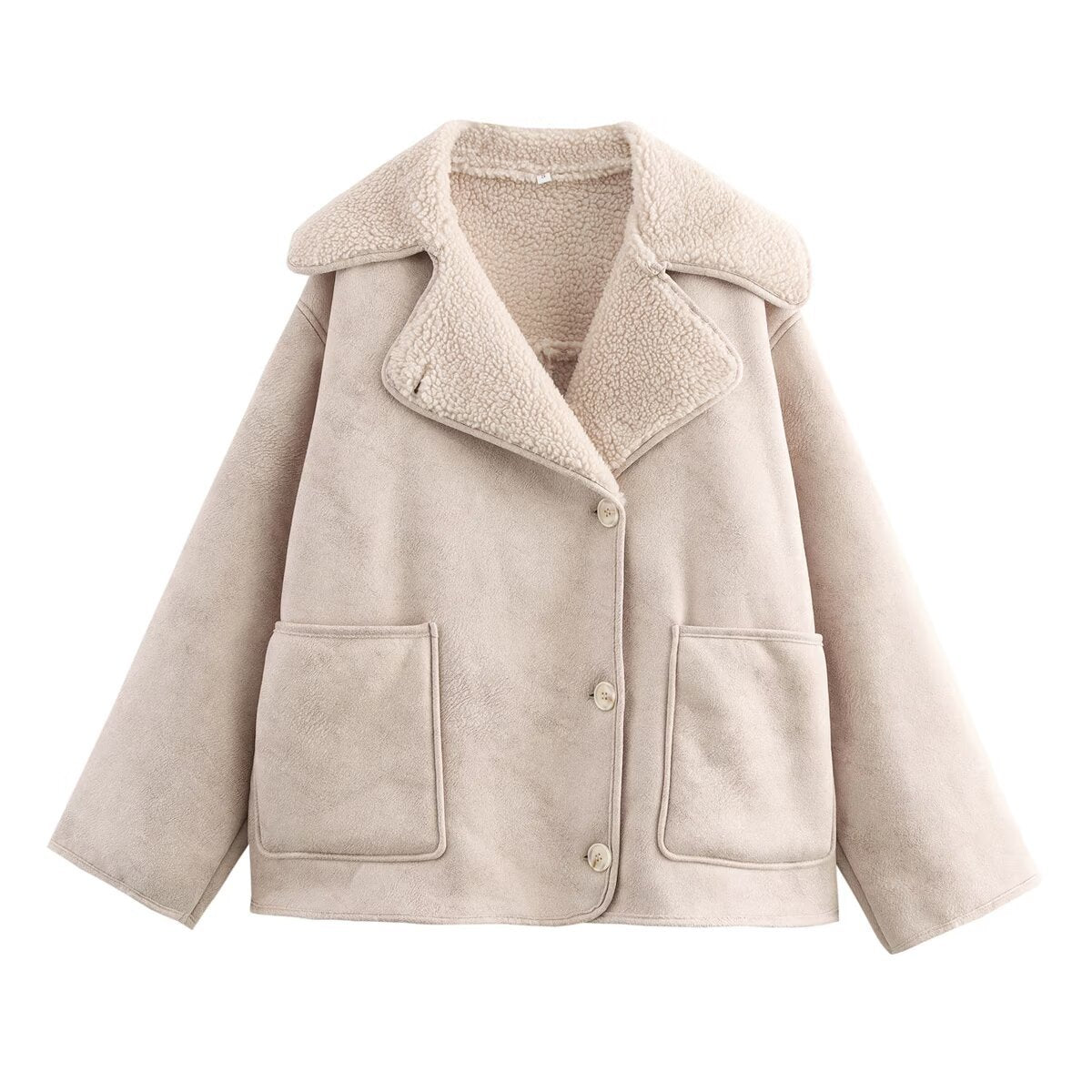 Women’s short jacket in boxy cut made of suede imitation with teddy lining and large flap pockets Chichicherry