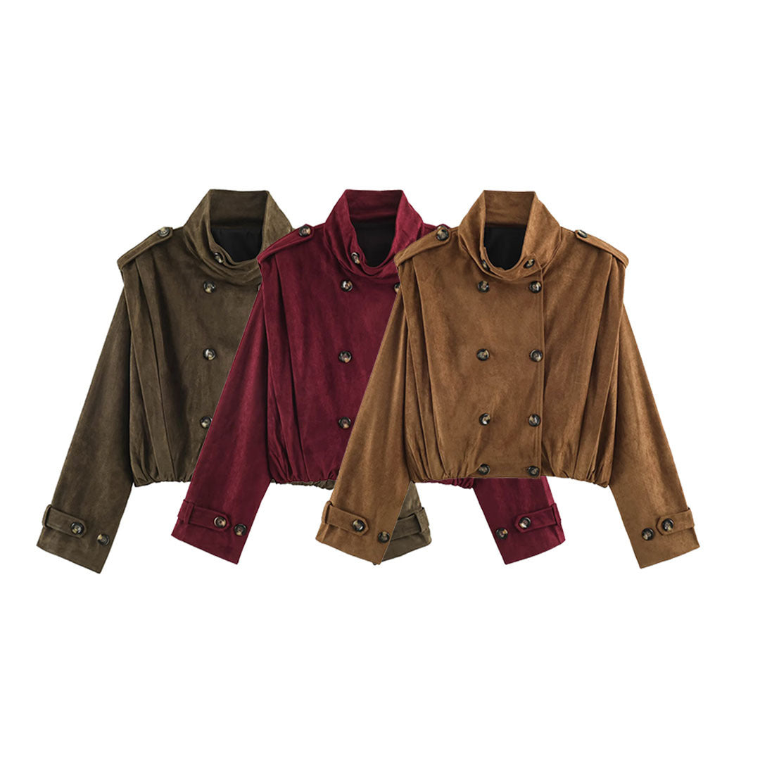 Women's Short-Cut Double-Breasted Suede-Look Bomber with Stand-Up Collar and Shoulder Patches Chichicherry