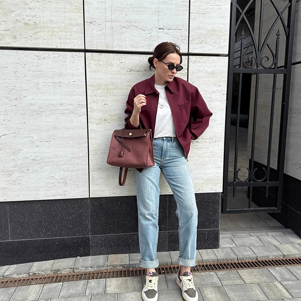 Women's lightweight twill transition jacket with shirt collar, concealed zipper, and boxy silhouette Chichicherry