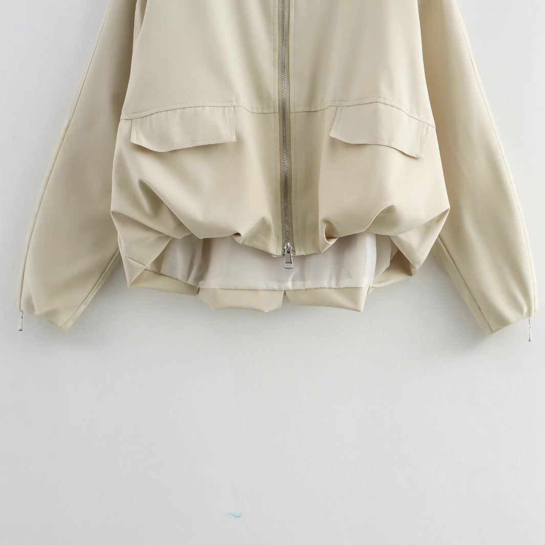 Women Lightweight Cropped Bomber Jacket with Round Neck, Two-Way Zipper and Flap Pockets Chichicherry