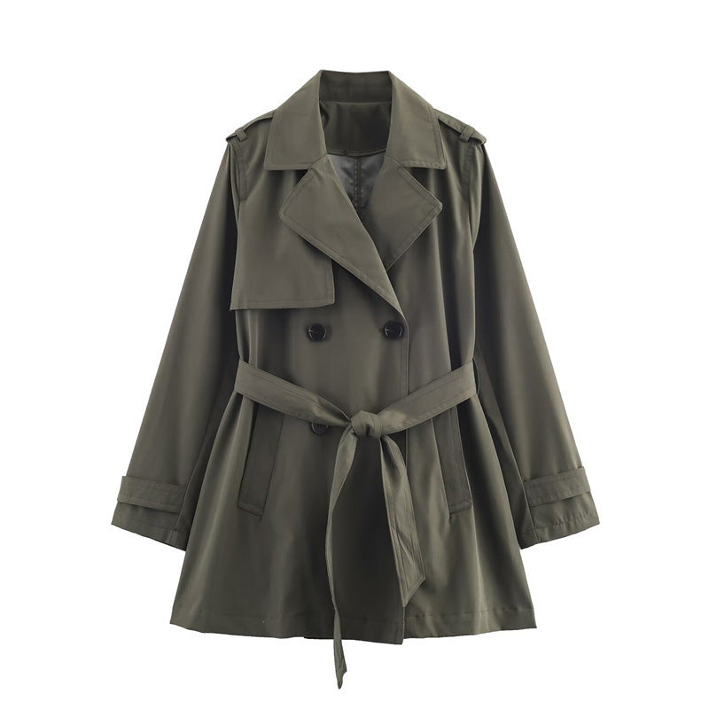 Women's short trench coat with A-line silhouette, double-breasted button placket, detachable belt, and shoulder epaulettes Chichicherry