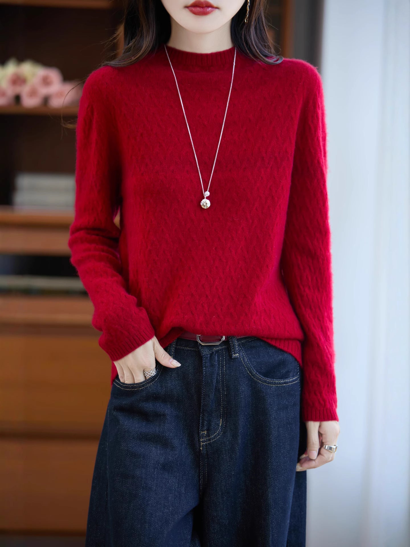 Women's Soft Fine Knit Sweater with Short Mock Neck, Light Mohair Look and Relaxed Silhouette Chichicherry