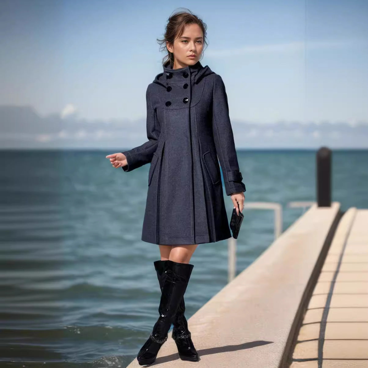 Women Tailored Wool Blend Coat with High Stand-Up Collar and A-Line Silhouette Chichicherry