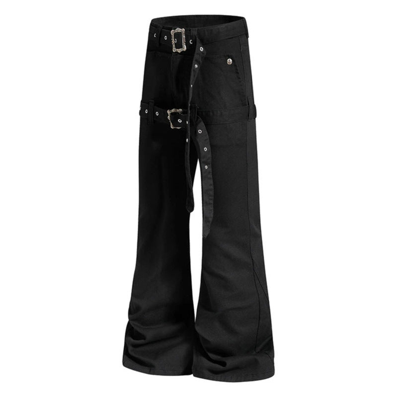 Women's High-Waist Flared Cargo Pants with Wide Leg, Double Belt and Metal Eyelets Chichicherry