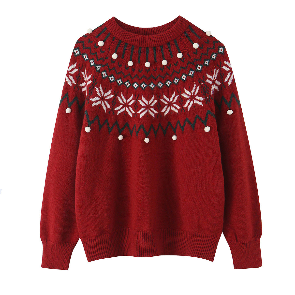 Women’s Norwegian Pattern Knit Sweater with Round Neck and Three-Dimensional Pompons Chichicherry