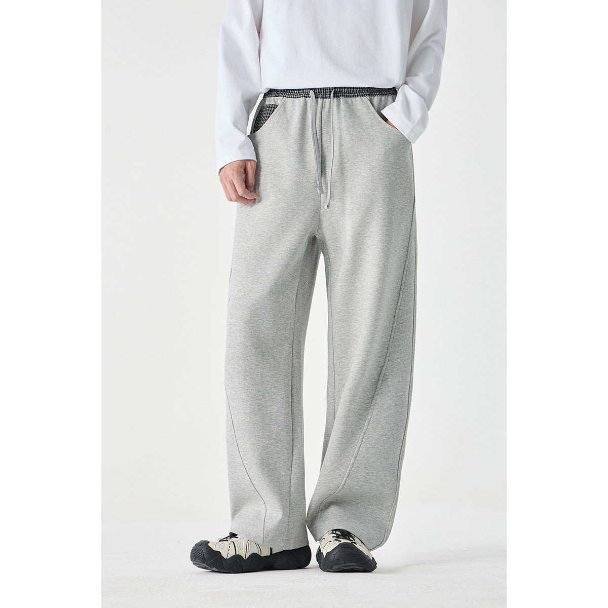 Women's Cropped Relaxed Jogging Pants with Elastic Drawstring, Check Detail and Decorative Seams