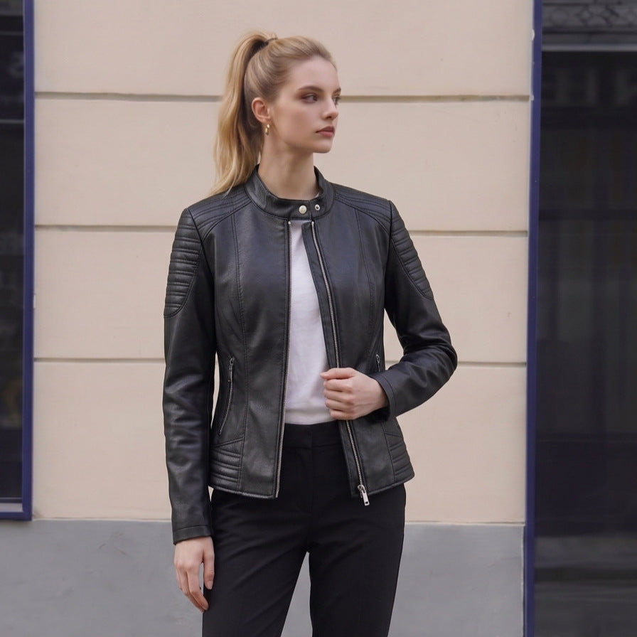 Women's Tailored Faux Leather Biker Jacket with Stand Collar and Quilted Details Chichicherry
