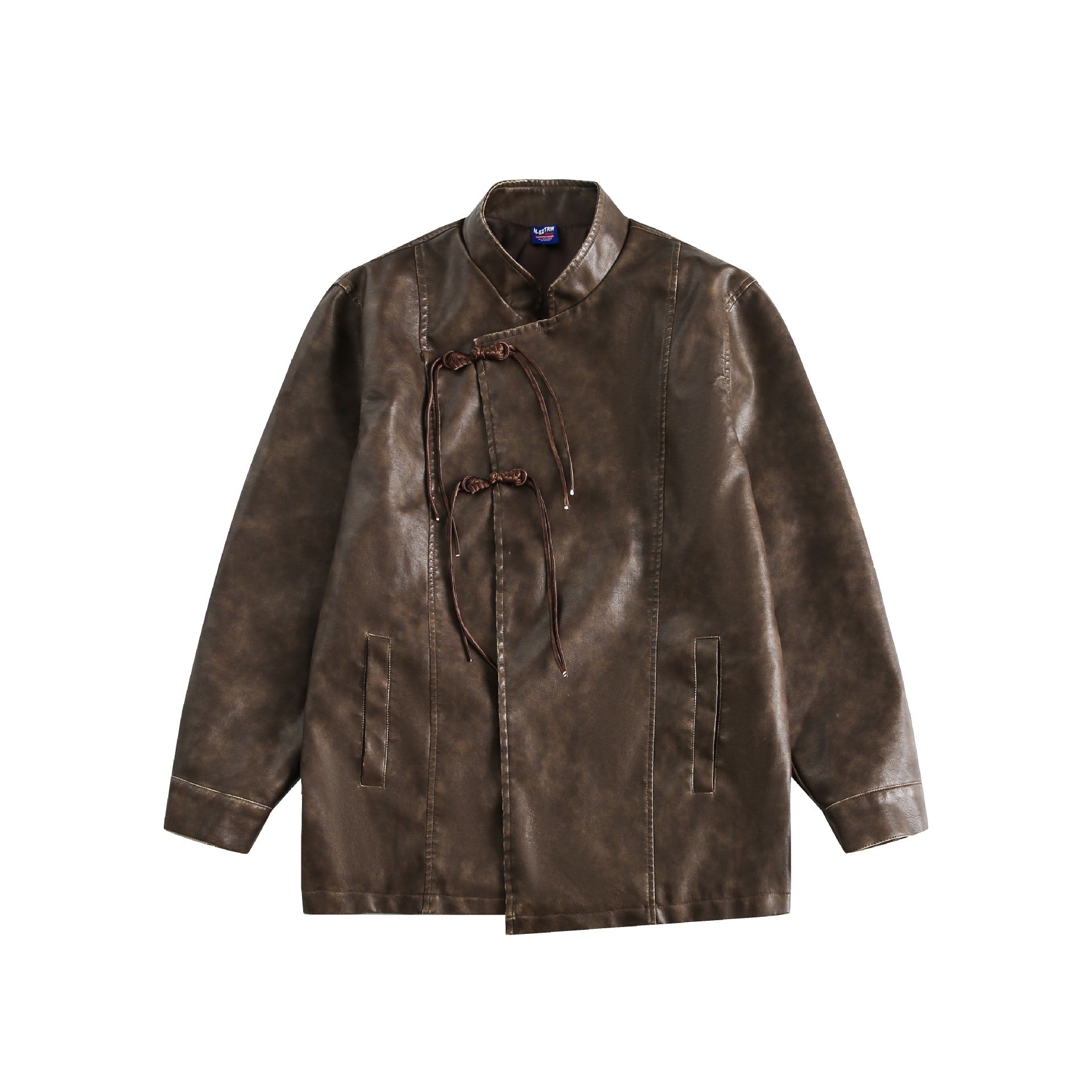 Men's Short Leather Look Coat in Vintage Style with Chinese Knot Closures Chichicherry