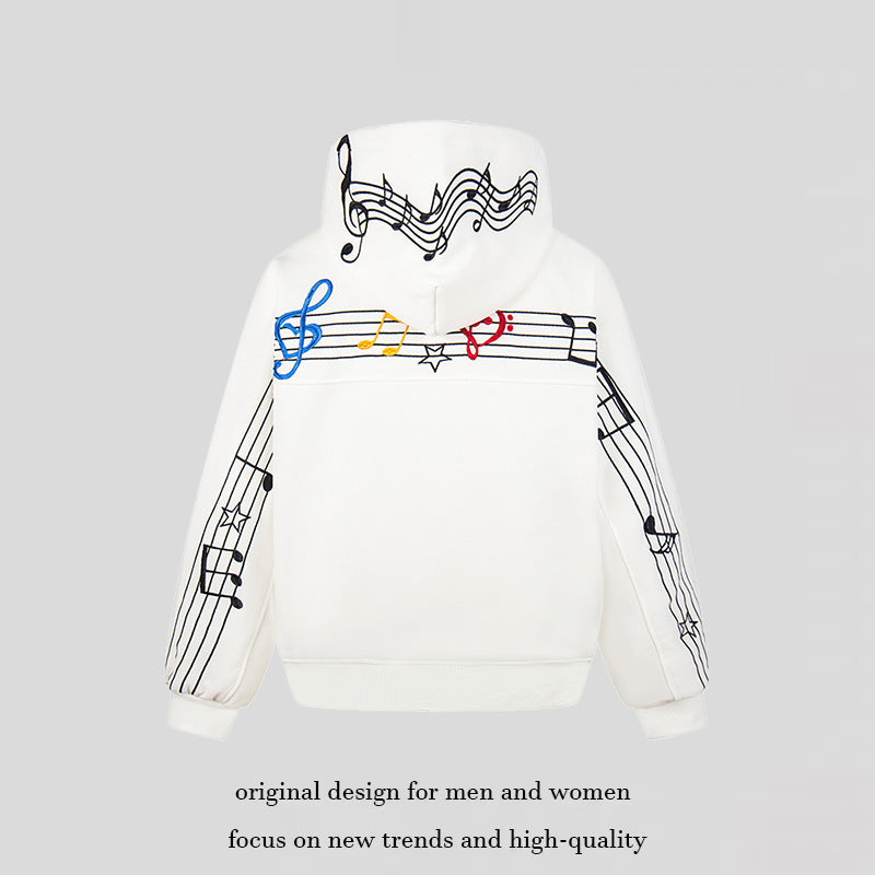 Women's Oversized Hoodie with Musical Notes Embroidery and Ribbed Hem Chichicherry