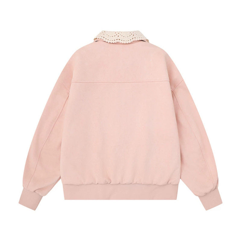 Women's buttoned oversized sweat jacket with crocheted collar and star appliqués Chichicherry