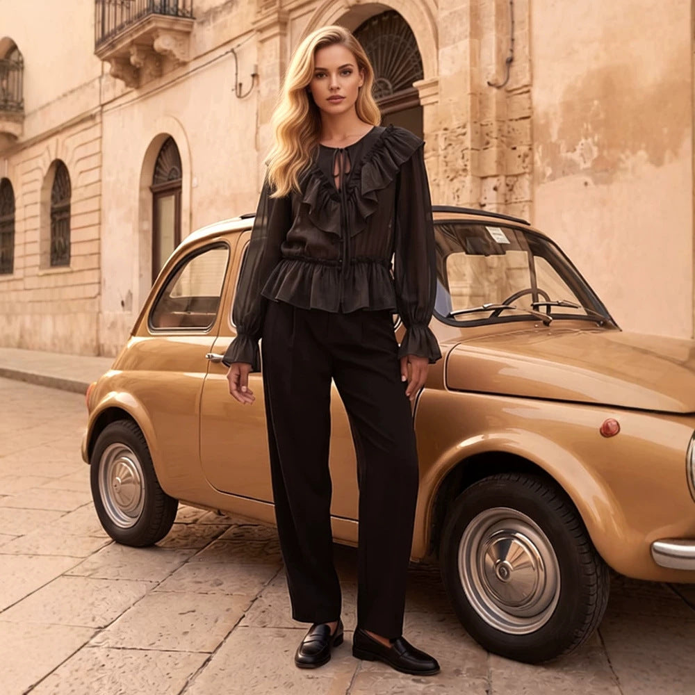 Women Ruffled transparent chiffon blouse with flounce peplum, long balloon sleeves and drawstring closure Chichicherry