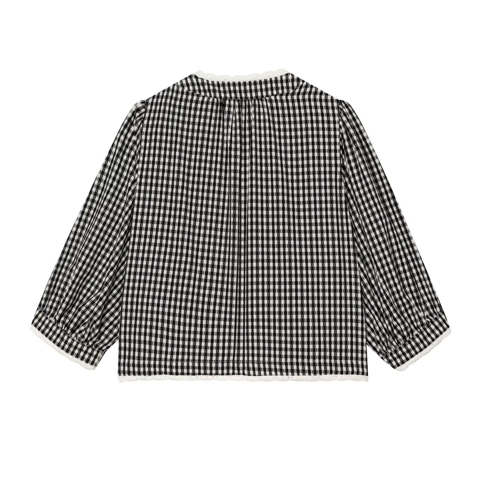 Ladies Vichy Check Blouse with Lace Trim, Tie Band and Three-Quarter Balloon Sleeves Chichicherry