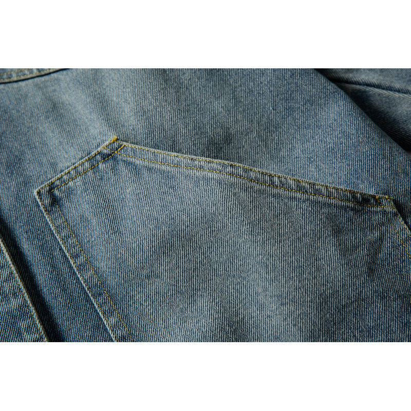 Unisex Boxy Denim Jacket with Leather Collar, Snap Button Placket and Flap Pockets Chichicherry