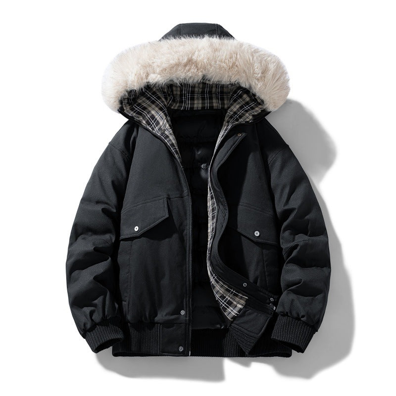 Men's Padded Winter Jacket with Faux Fur Hood, Quilted Checkered Lining and Bomber Cuffs Chichicherry