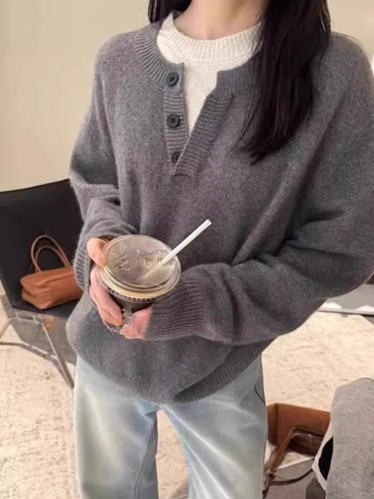 Women's Oversize Henley Pullover made of fluffy Mohair look with button placket Chichicherry