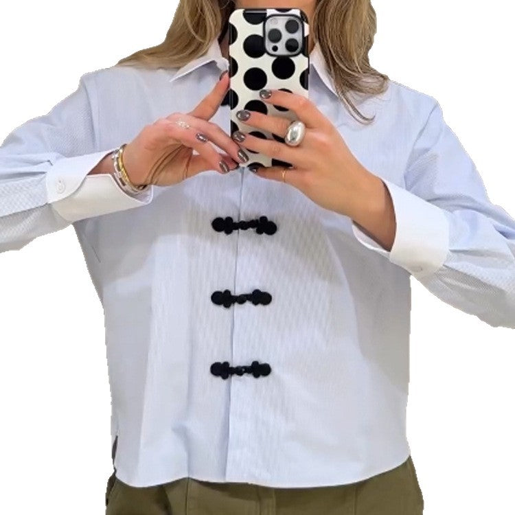 Women’s short cut poplin shirt blouse with stand-up collar and decorative cord knot closures Chichicherry