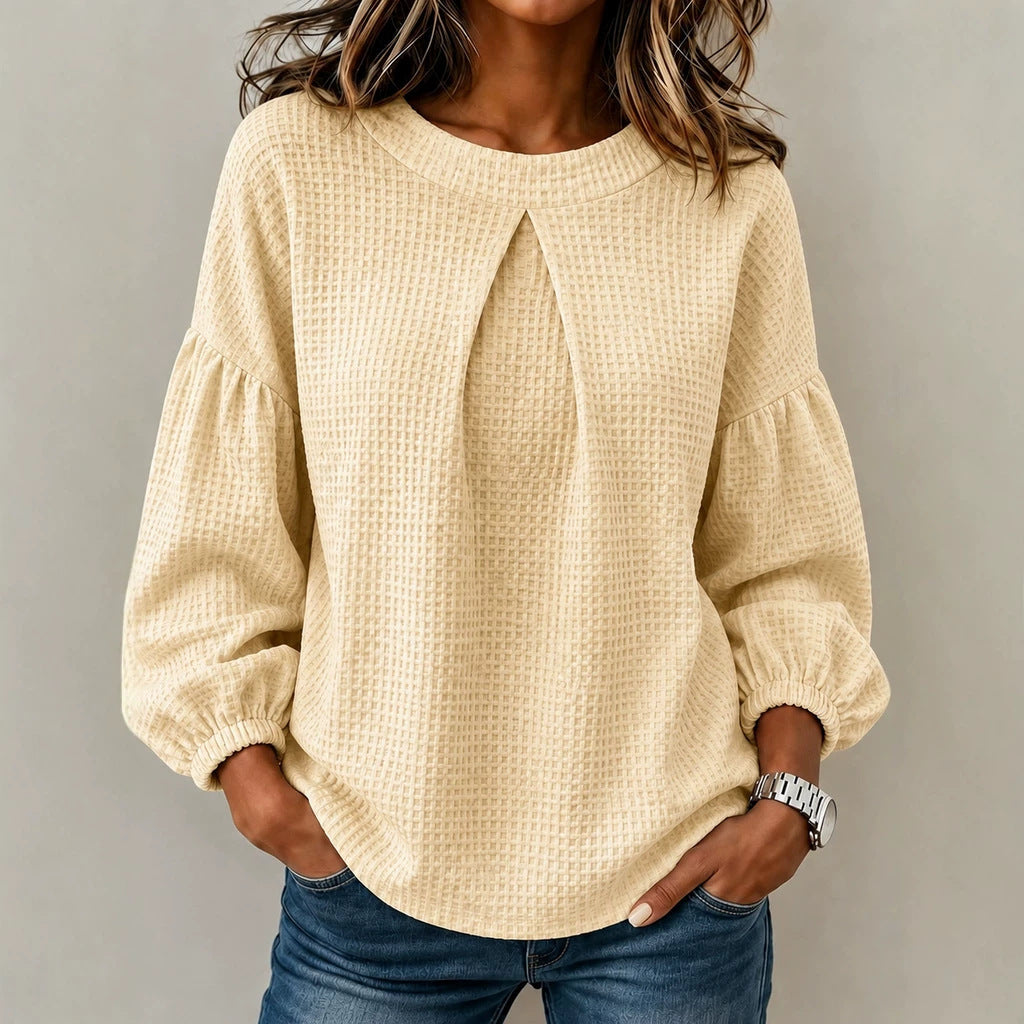 Women's waffle knit long sleeve with balloon sleeves and front seam slit Chichicherry