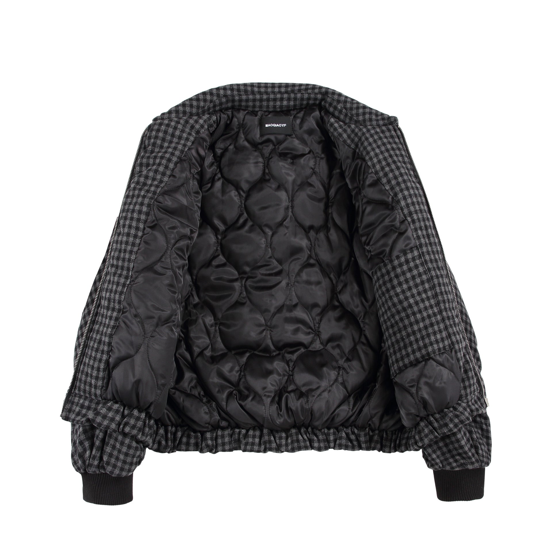 Unisex Boxy-Check Quilted Jacket with Zipper and Elastic Hem Chichicherry