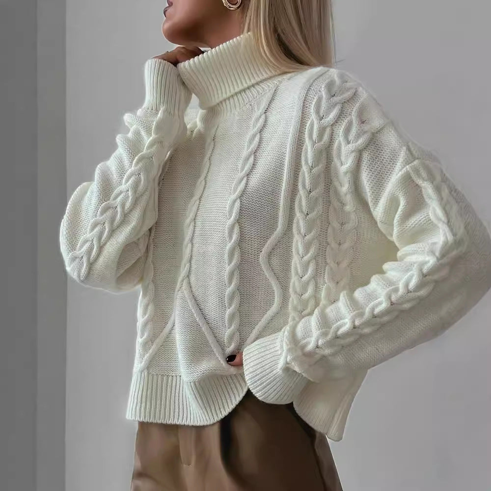 Damen Grobstrick-Rollkragenpullover mit Zopfstrick-Details Chichicherry