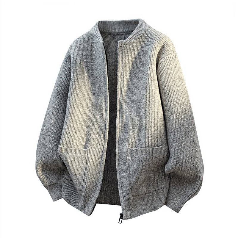 Men's Oversized Cardigan with Two-Way Zipper, Ribbed Hem and Patch Pockets Chichicherry