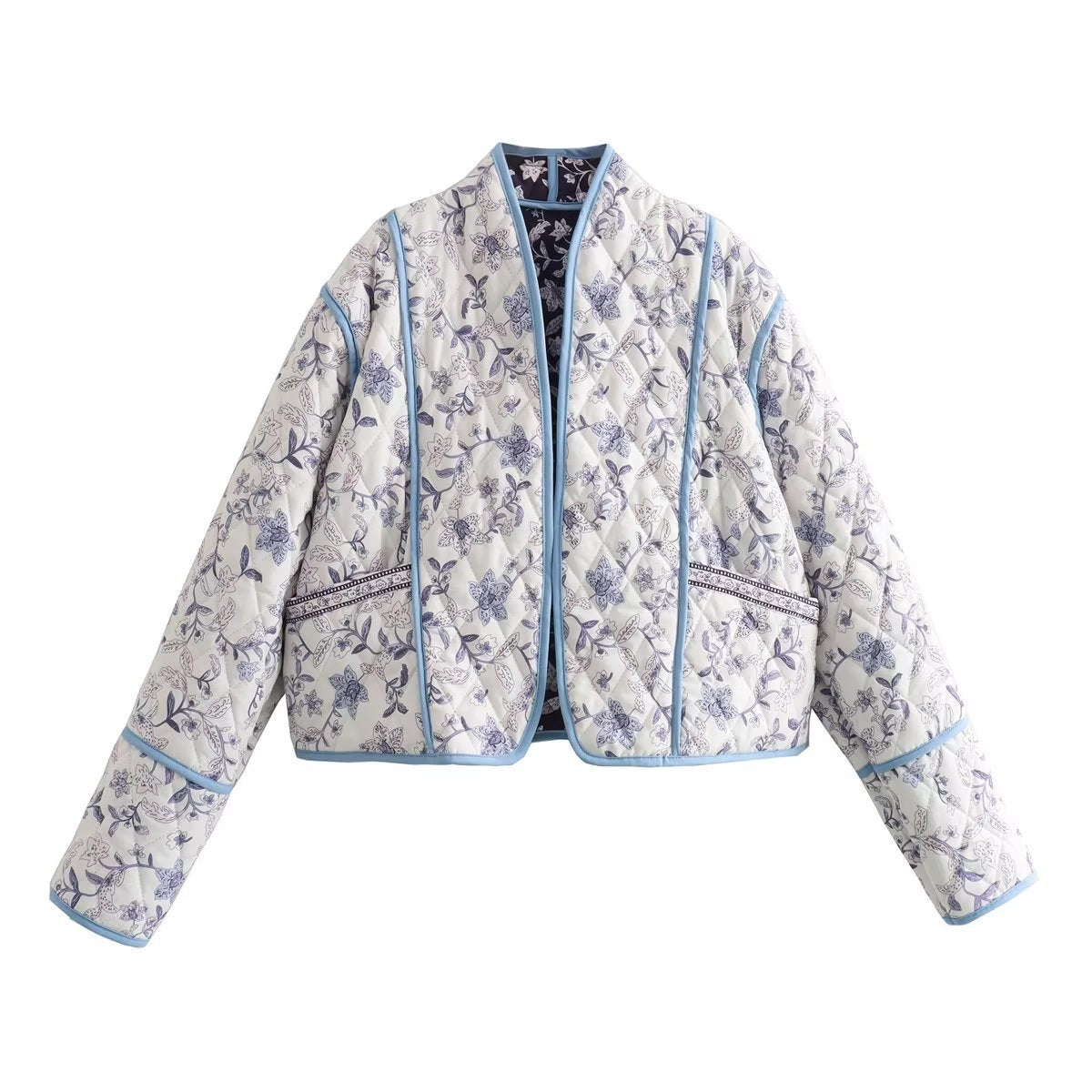 Women Quilted Cropped Puffer Jacket with Floral All-Over Pattern and Contrasting Piping Chichicherry