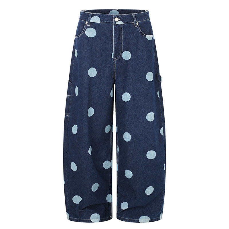 Women High-Waisted Wide Jeans Culotte with Polka Dot Print and Utility Details Chichicherry