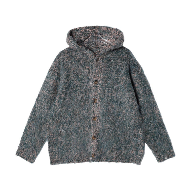 Damen Flauschige Kapuzen-Strickjacke mit Knopfleiste und melierter Bouclé-Optik Chichicherry