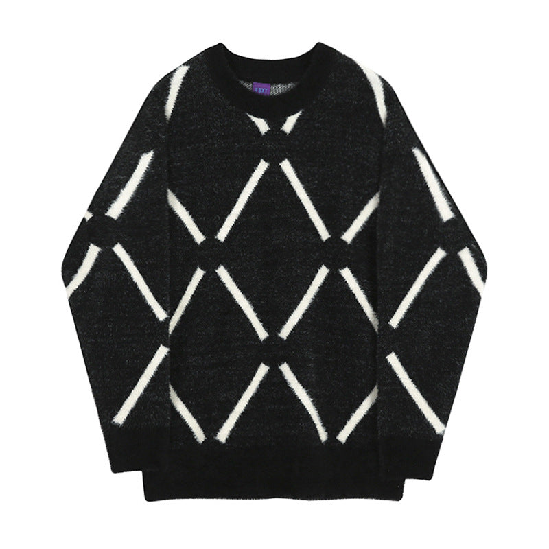 Herren Oversized Flauschiger Strickpullover mit Rautenmuster Chichicherry