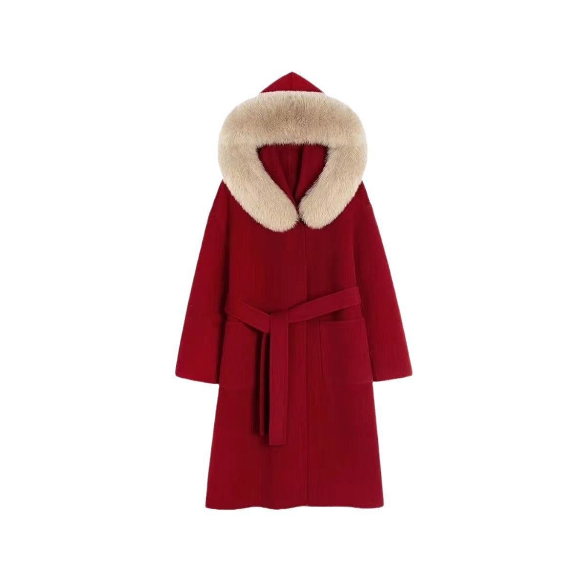 Women's Long Wool Coat with Removable Faux Fur Collar and Tailored Fit Chichicherry