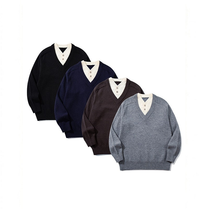 Men's V-neck sweater with integrated Henley collar Chichicherry