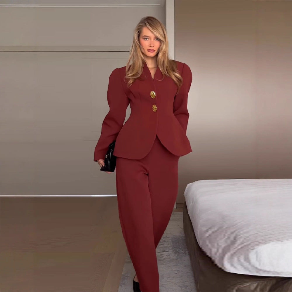 Women's Tailored Blazer with Peplum and Wide High-Waisted Pants Chichicherry
