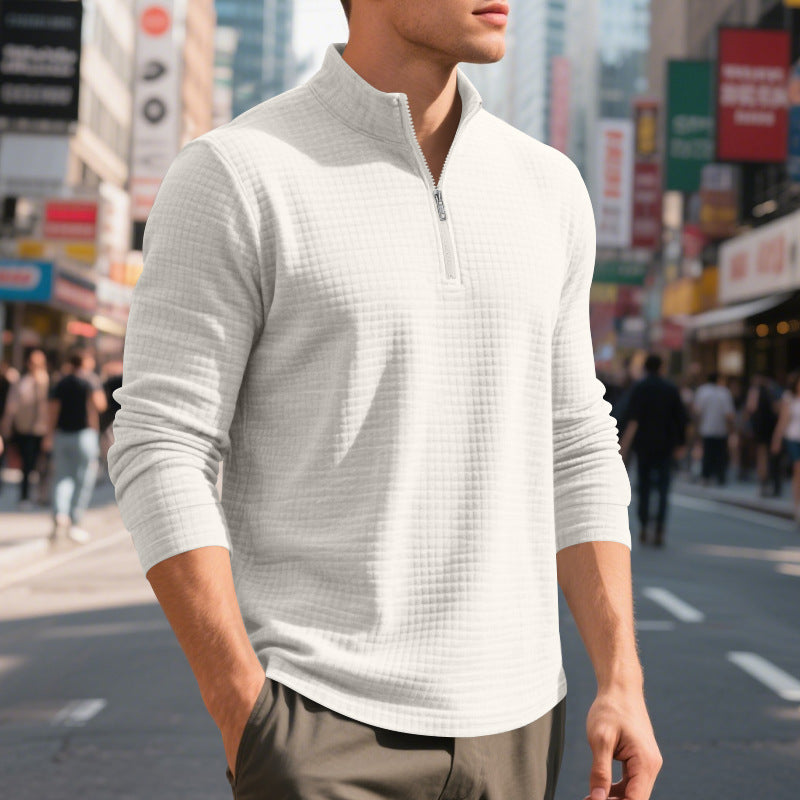 Men's Quilted Quarter-Zip Pullover with Check Pattern and Stand Collar Chichicherry