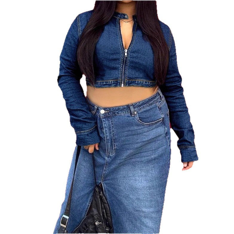Women's Cropped Denim Hoodie with Zipper and High-Waist Midi Skirt with Front Slit Chichicherry