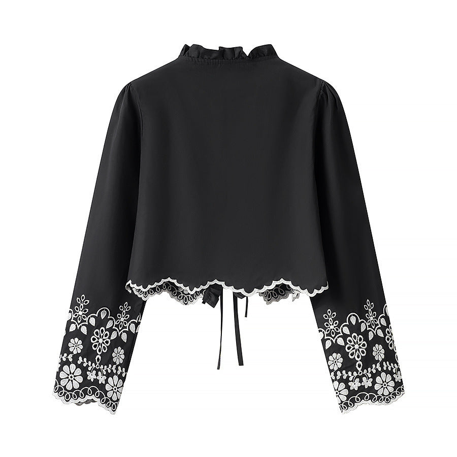 Ladies Embroidered Short Bolero with Ruffled V-Neck and Lacing Closure Chichicherry