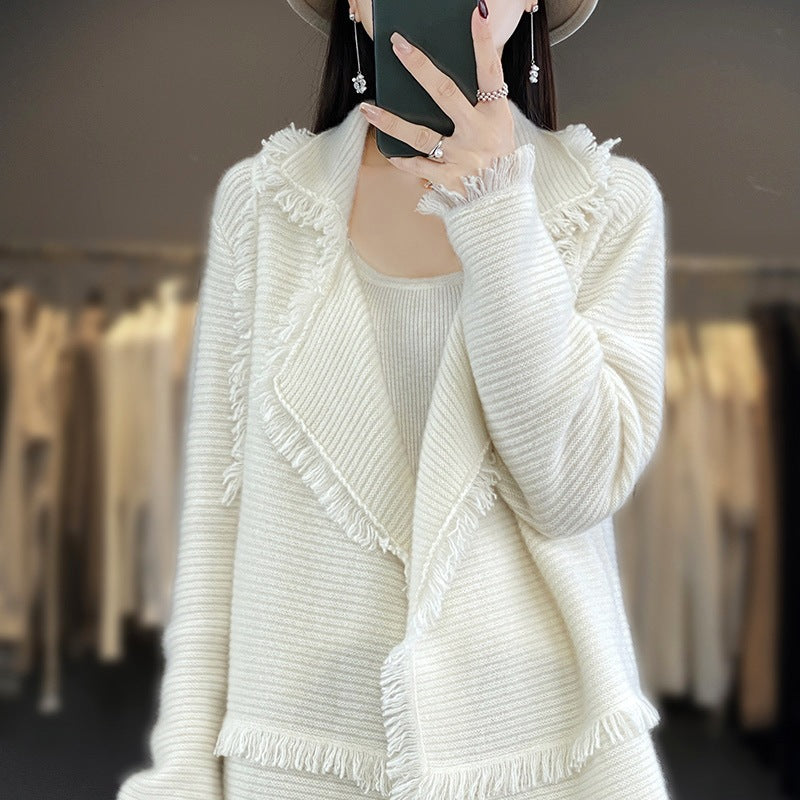 Women Long Fringe Knit Cardigan with Large Shawl Collar and Fine Rib Structure Chichicherry