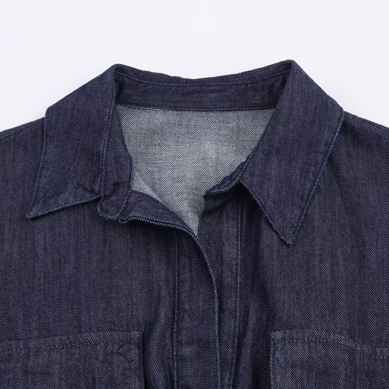 Women's Long Denim Shirt Dress with Waistband and Patch Chest Pockets Chichicherry